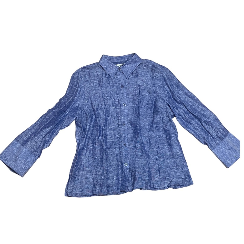 VTG Coldwater Creek Women Lg Blue Linen Silk Blend Textured Button Up Shirt G924
